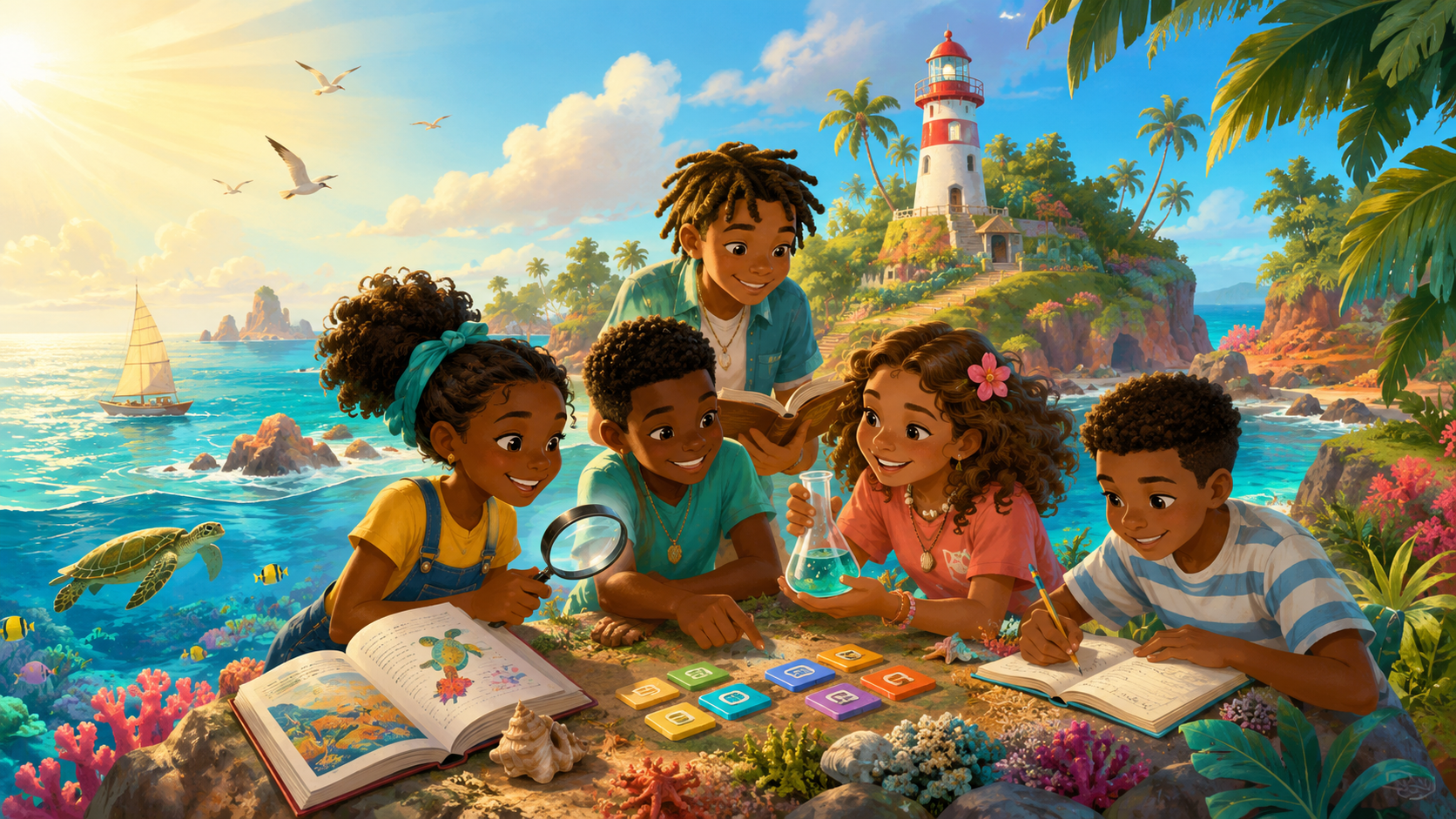 Children exploring a colorful learning island